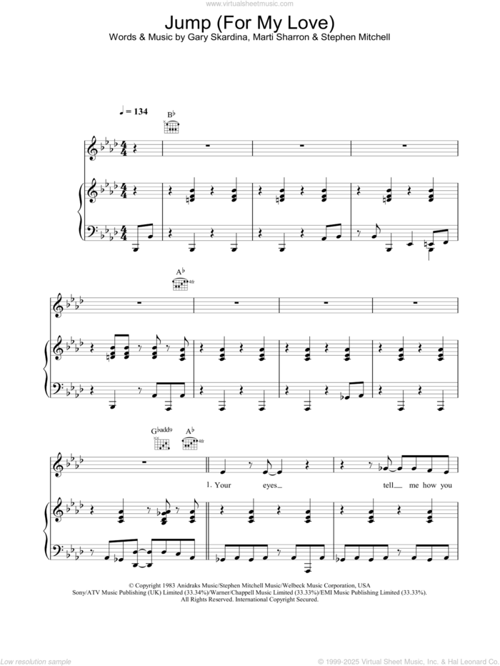 Jump (For My Love) sheet music for voice, piano or guitar by The Pointer Sisters, intermediate skill level