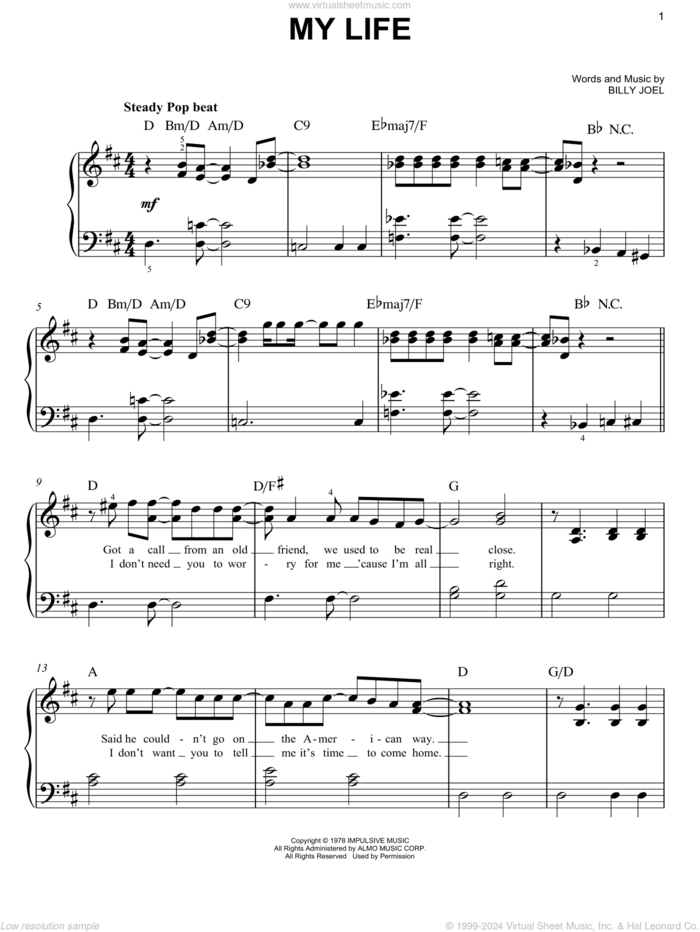 My Life, (easy) sheet music for piano solo by Billy Joel, easy skill level