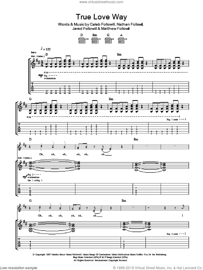 True Love Way sheet music for guitar (tablature) by Kings Of Leon, Caleb Followill, Jared Followill, Matthew Followill and Nathan Followill, intermediate skill level