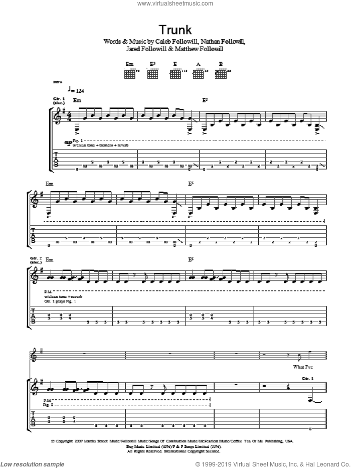 Trunk sheet music for guitar (tablature) by Kings Of Leon, Caleb Followill, Jared Followill, Matthew Followill and Nathan Followill, intermediate skill level