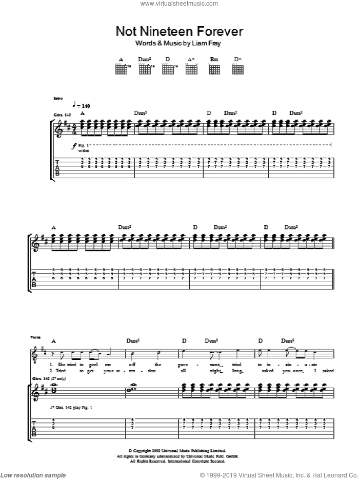 Not Nineteen Forever sheet music for guitar (tablature) by The Courteeners and Liam Fray, intermediate skill level