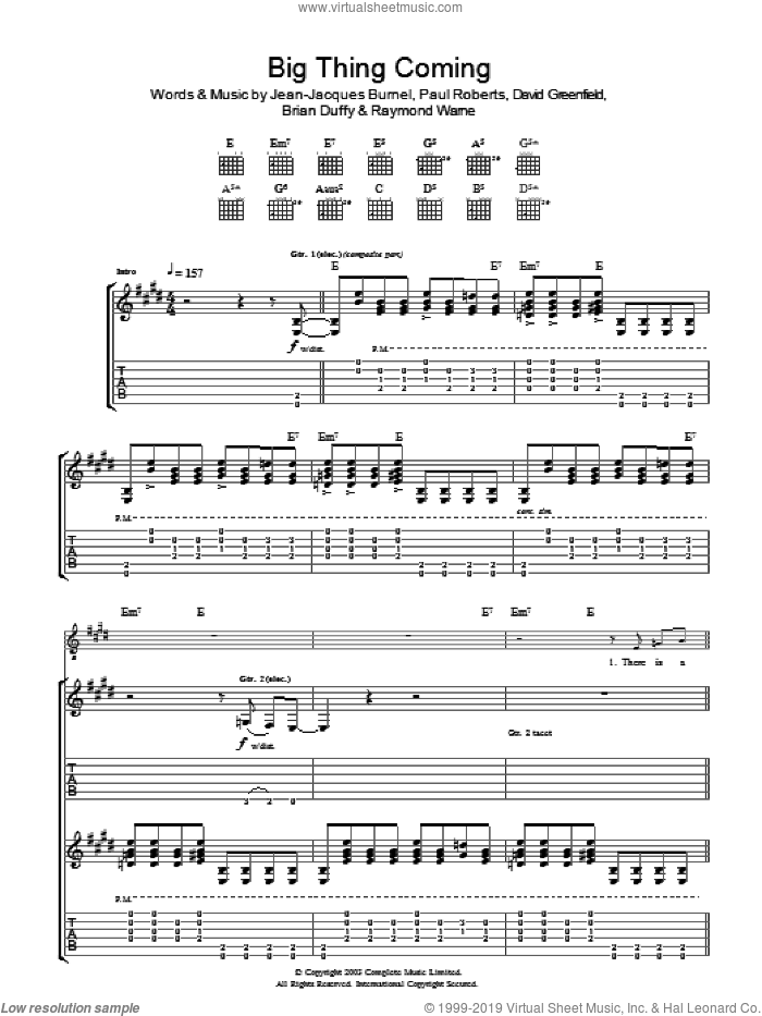Big Thing Coming sheet music for guitar (tablature) by The Stranglers, Brian Duffy, David Greenfield, Jean-Jacques Burnel, Paul Roberts and Raymond Warne, intermediate skill level