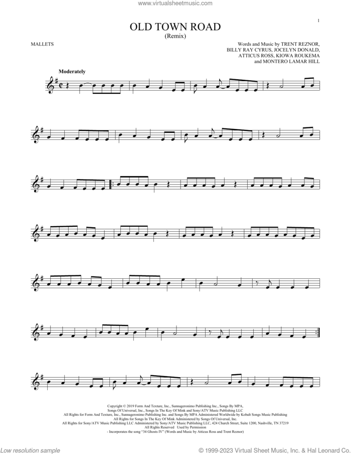 Old Town Road (Remix) sheet music for mallet solo (Percussion) by Lil Nas X feat. Billy Ray Cyrus, Atticus Ross, Billy Ray Cyrus, Jocelyn Donald, Kiowa Roukema, Montero Lamar Hill and Trent Reznor, intermediate mallet (Percussion)