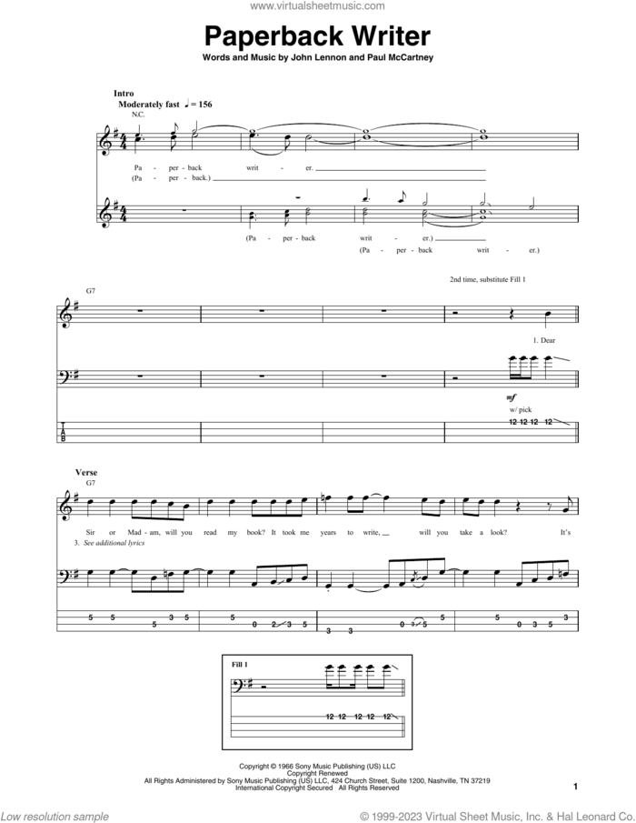 Paperback Writer sheet music for bass (tablature) (bass guitar) by The Beatles, John Lennon and Paul McCartney, intermediate skill level