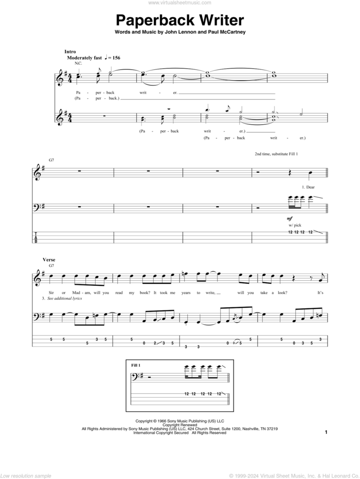 Paperback Writer sheet music for bass (tablature) (bass guitar) by The Beatles, John Lennon and Paul McCartney, intermediate skill level