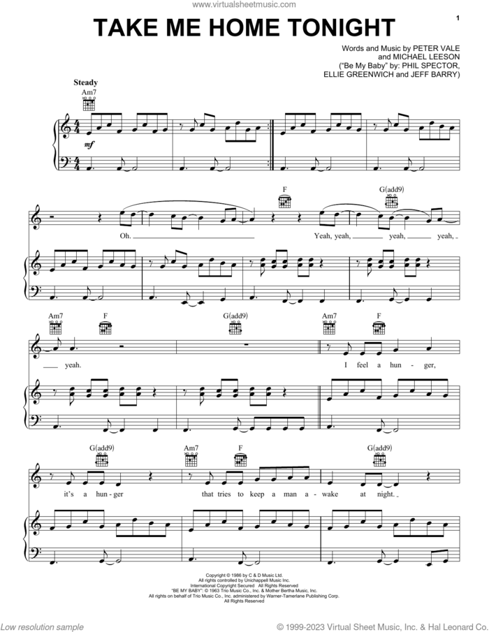 Take Me Home Tonight sheet music for voice, piano or guitar by Eddie Money, Ellie Greenwich, Jeff Barry, Michael Leeson, Peter Vale and Phil Spector, intermediate skill level