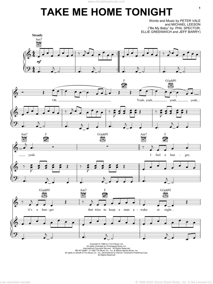 Take Me Home Tonight sheet music for voice, piano or guitar by Eddie Money, Ellie Greenwich, Jeff Barry, Michael Leeson, Peter Vale and Phil Spector, intermediate skill level