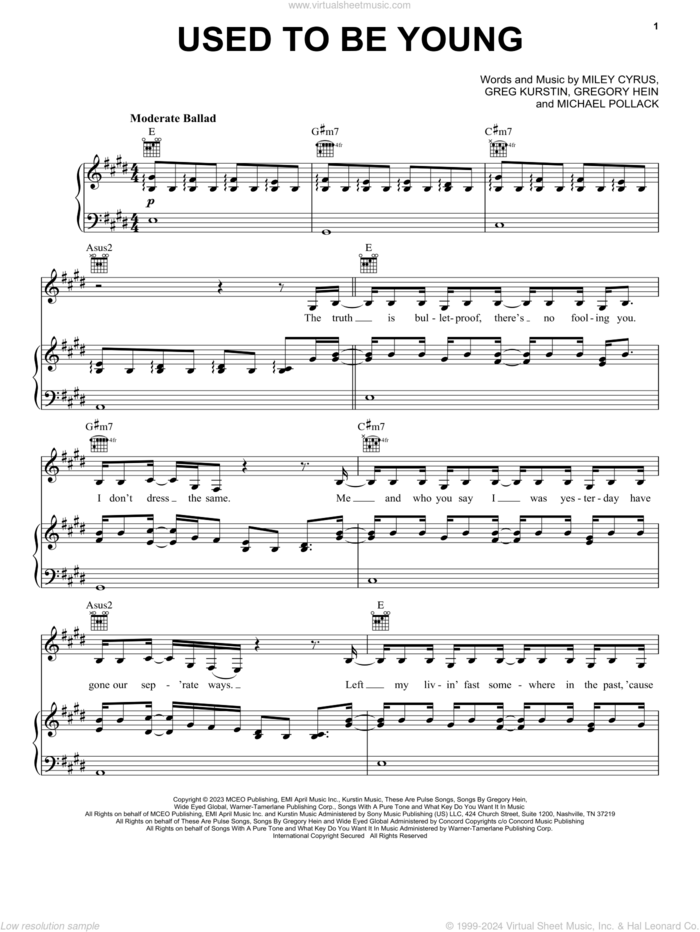 Used To Be Young sheet music for voice, piano or guitar by Miley Cyrus, Greg Kurstin, Gregory Hein and Michael Pollack, intermediate skill level