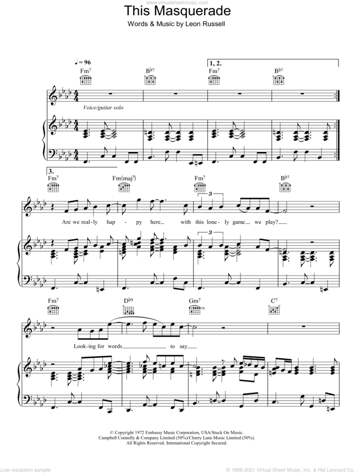 This Masquerade sheet music for voice, piano or guitar by George Benson and Leon Russell, intermediate skill level