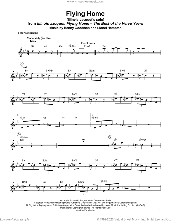 Flying Home sheet music for tenor saxophone solo (transcription) by Illinois Jacquet, Benny Goodman and Lionel Hampton, intermediate tenor saxophone (transcription)
