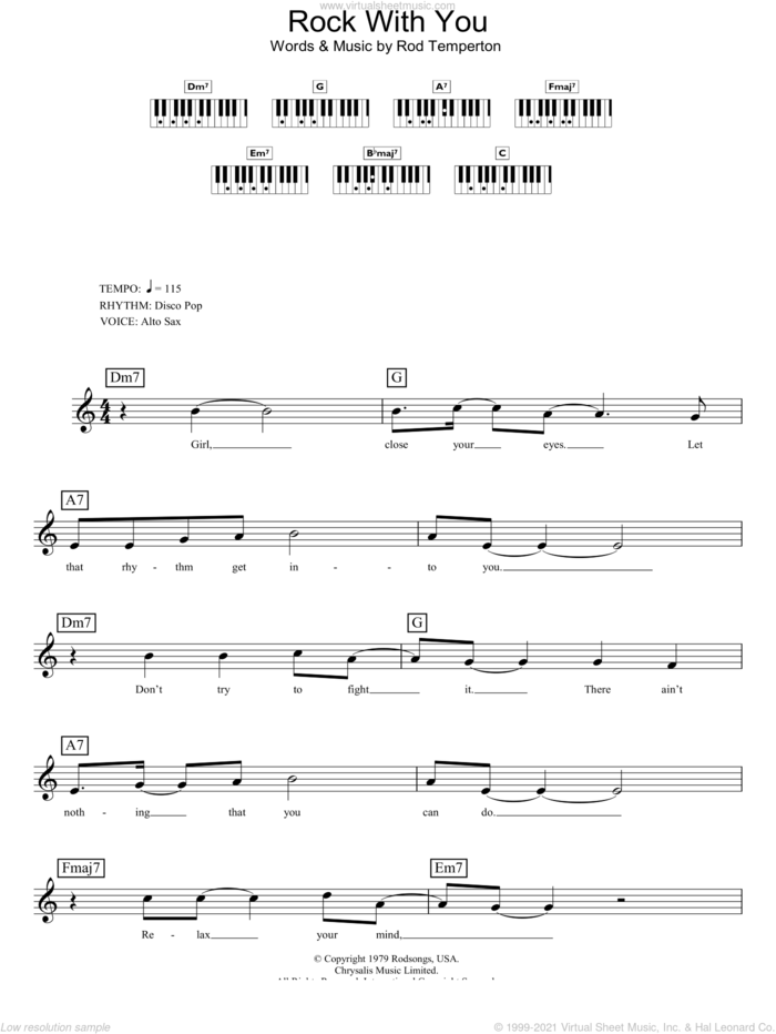 Rock With You, (intermediate) sheet music for piano solo (chords, lyrics, melody) by Michael Jackson and Rod Temperton, intermediate piano (chords, lyrics, melody)