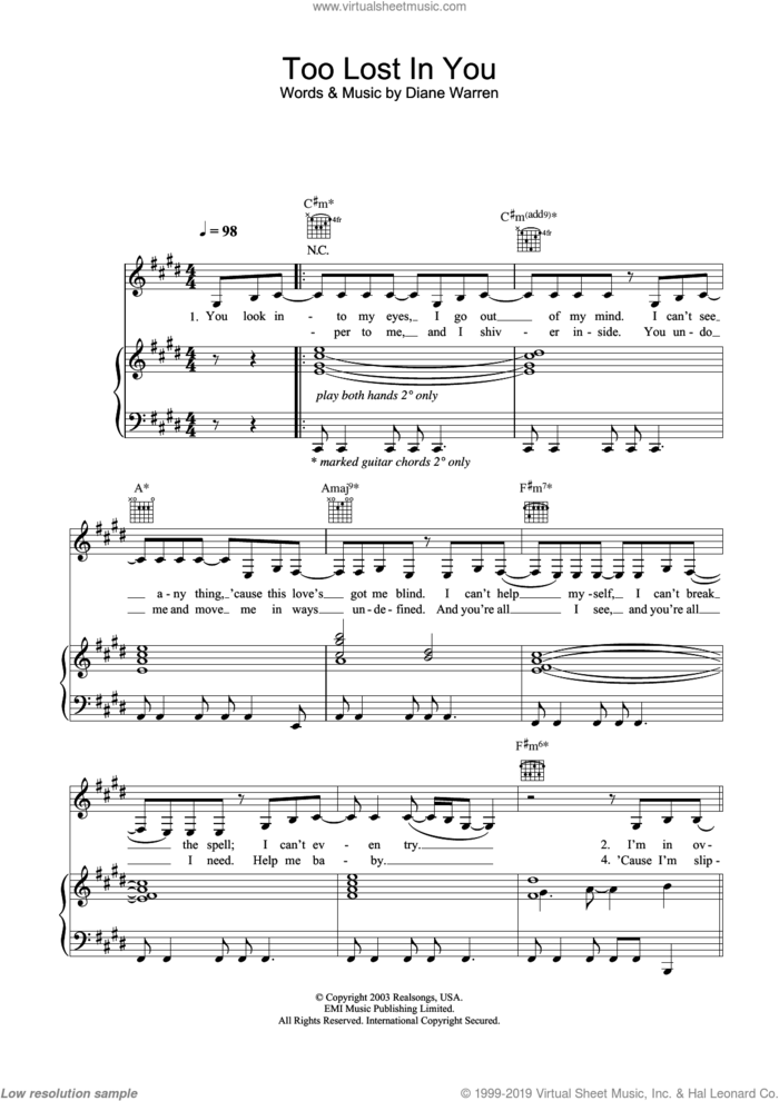 Too Lost In You sheet music for voice, piano or guitar by Sugababes and Diane Warren, intermediate skill level