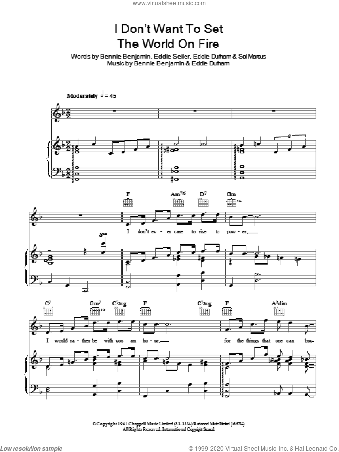 I Don't Want To Set The World On Fire sheet music for voice, piano or guitar by The Ink Spots, Bennie Benjamin, Eddie Durham, Eddie Seiler and Sol Marcus, intermediate skill level