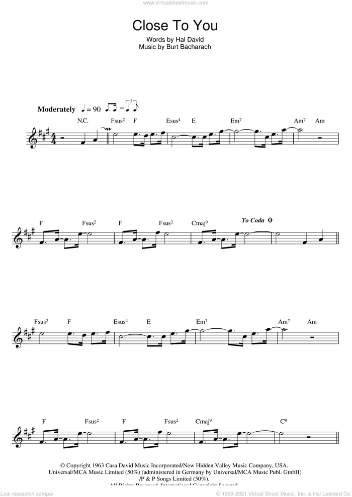 (They Long To Be) Close To You sheet music for voice and other instruments (fake book) by Carpenters, Burt Bacharach and Hal David, intermediate skill level