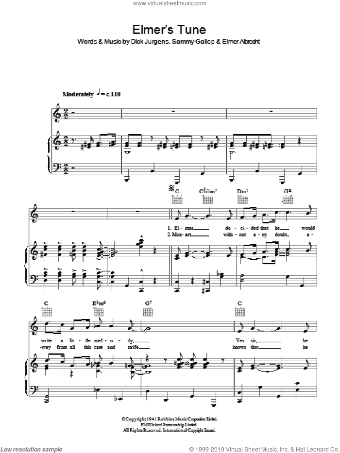 Elmer's Tune sheet music for voice, piano or guitar by Glenn Miller, Dick Jurgens, Elmer Albrecht and Sammy Gallop, intermediate skill level