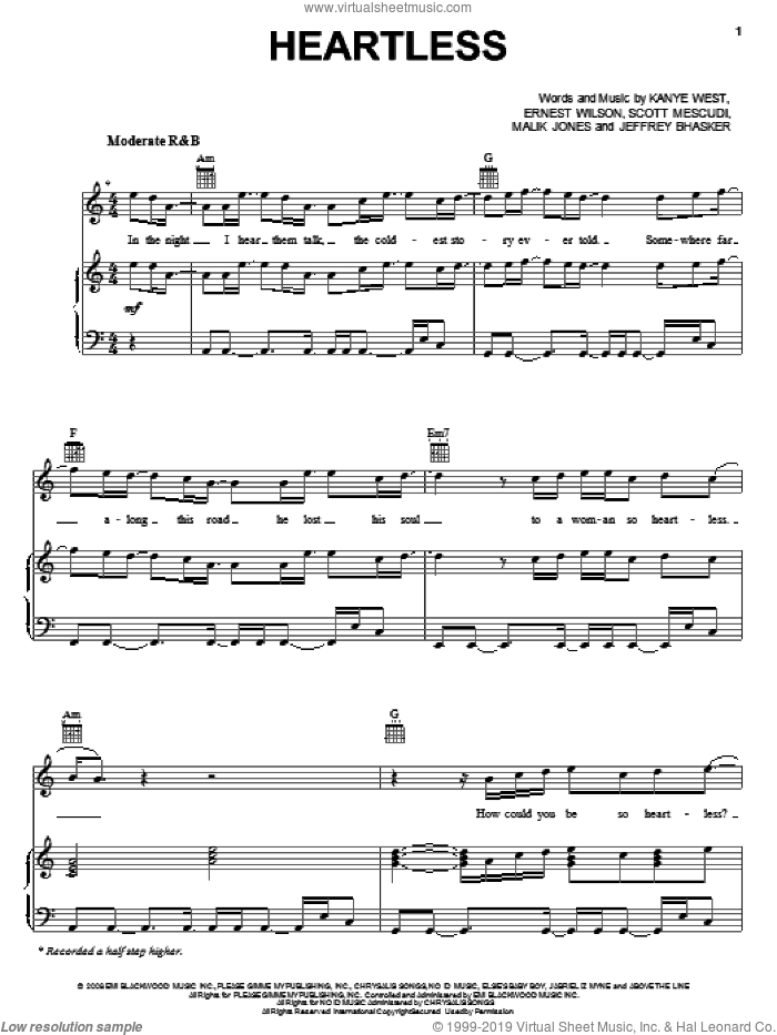 Heartless sheet music for voice, piano or guitar by Kanye West, Ernest Wilson, Jeffrey Bhasker, Malik Jones and Scott Mescudi, intermediate skill level