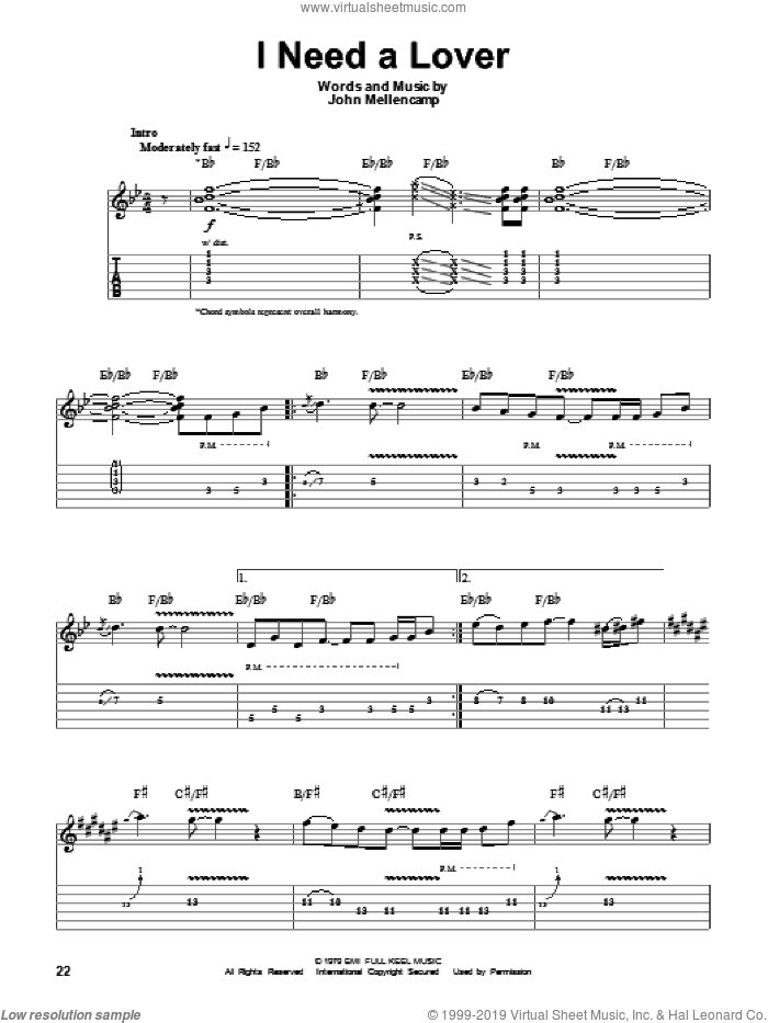 I Need A Lover sheet music for guitar (tablature, play-along) by John Mellencamp, intermediate skill level