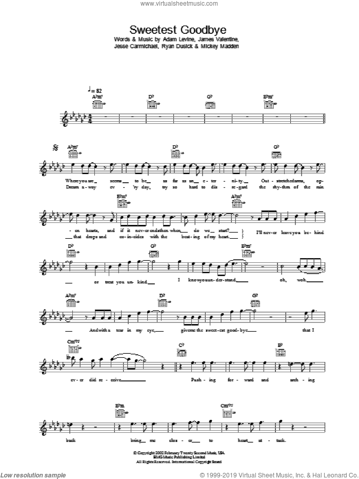 Sweetest Goodbye sheet music for voice and other instruments (fake book) by Maroon 5, intermediate skill level