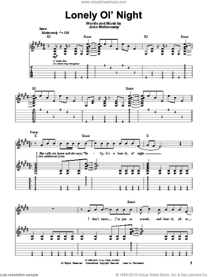 Lonely Ol' Night sheet music for guitar (tablature, play-along) by John Mellencamp, intermediate skill level