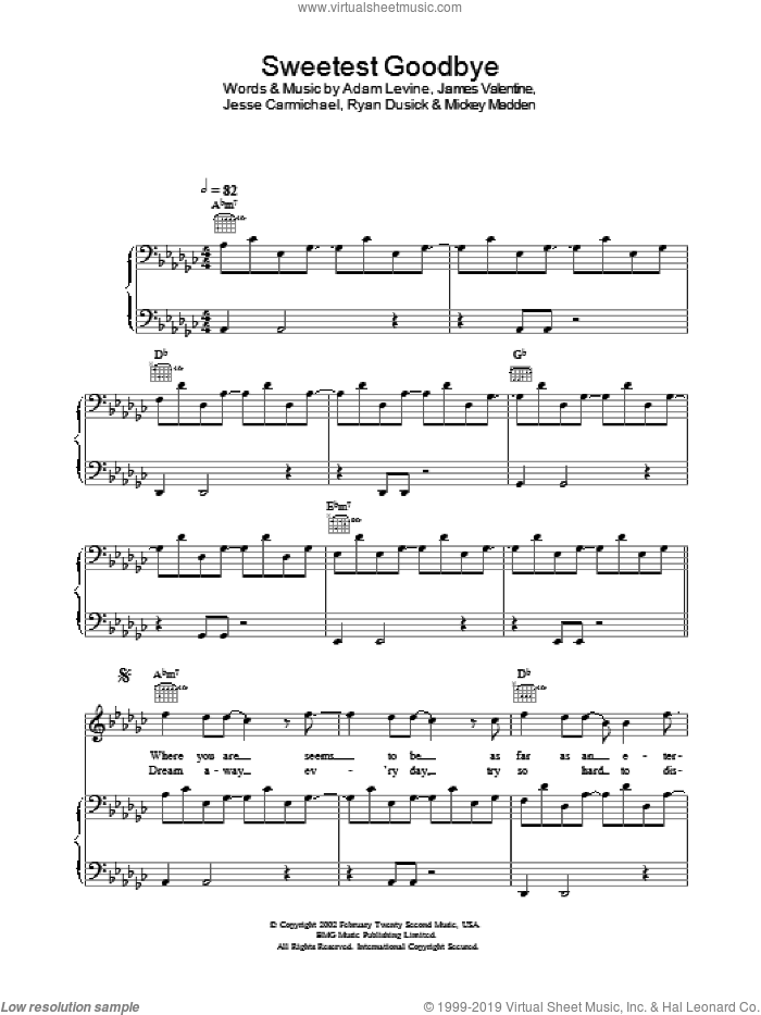 Sweetest Goodbye sheet music for voice, piano or guitar by Maroon 5, intermediate skill level
