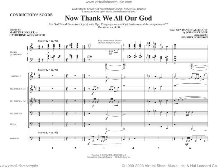 Now Thank We All Our God (arr. Heather Sorenson) (COMPLETE) sheet music for orchestra/band by Heather Sorenson, Catherine Winkworth, Johann Cruger and Martin Rinkart, intermediate skill level