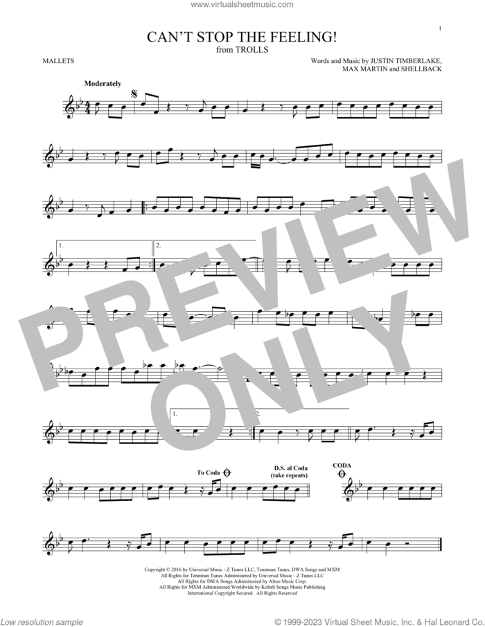 Can't Stop The Feeling! sheet music for mallet solo (Percussion) by Justin Timberlake, Johan Schuster, Max Martin and Shellback, intermediate mallet (Percussion)