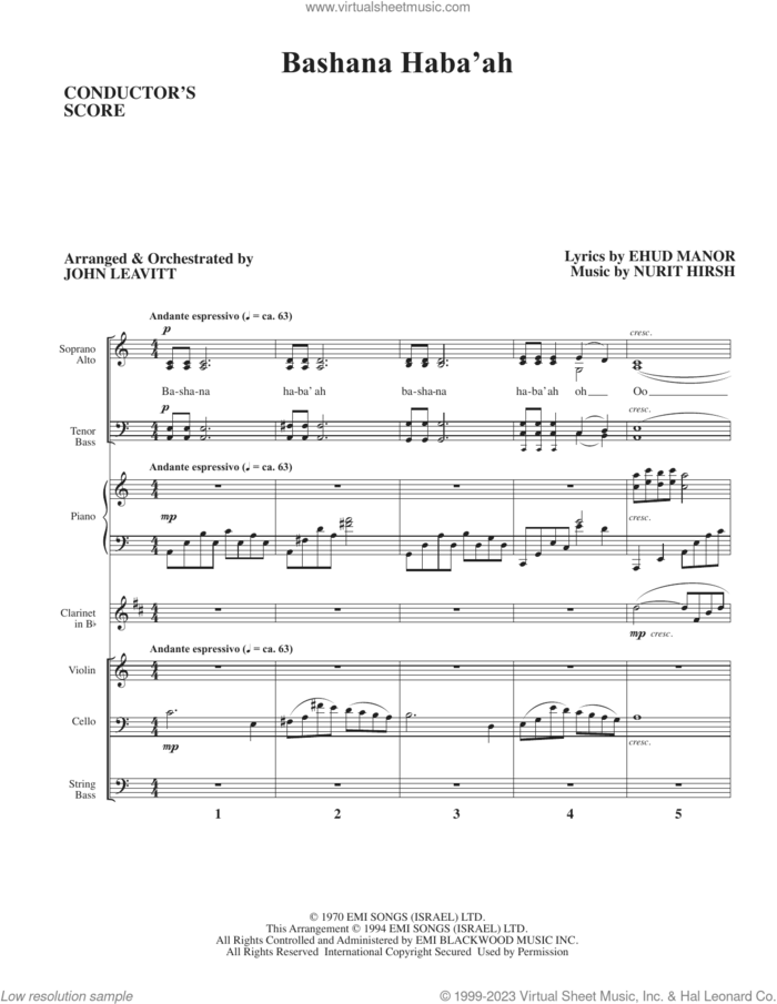 Bashana Haba'ah (arr. John Leavitt) (COMPLETE) sheet music for orchestra/band by John Leavitt, Ehud Manor and Nurit Hirsh, intermediate skill level