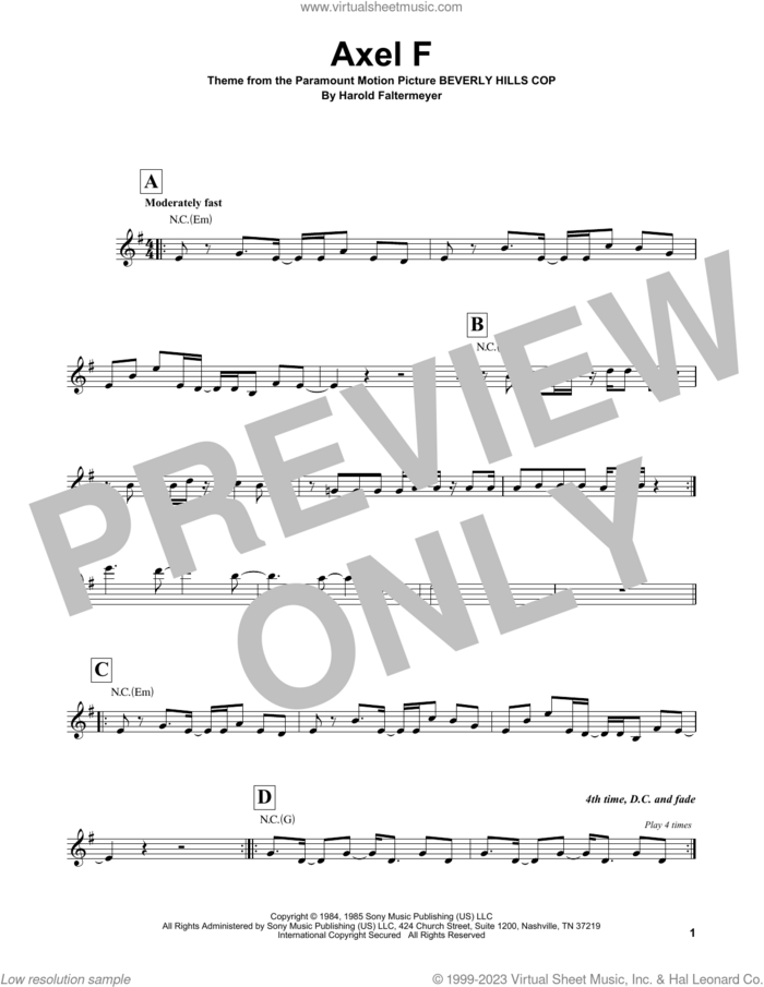 Axel F sheet music for guitar solo (chords) by Harold Faltermeyer and Crazy Frog, easy guitar (chords)