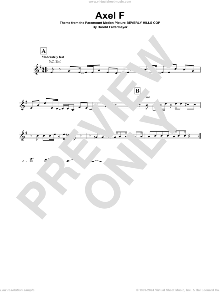 Axel F sheet music for guitar solo (chords) by Harold Faltermeyer and Crazy Frog, easy guitar (chords)