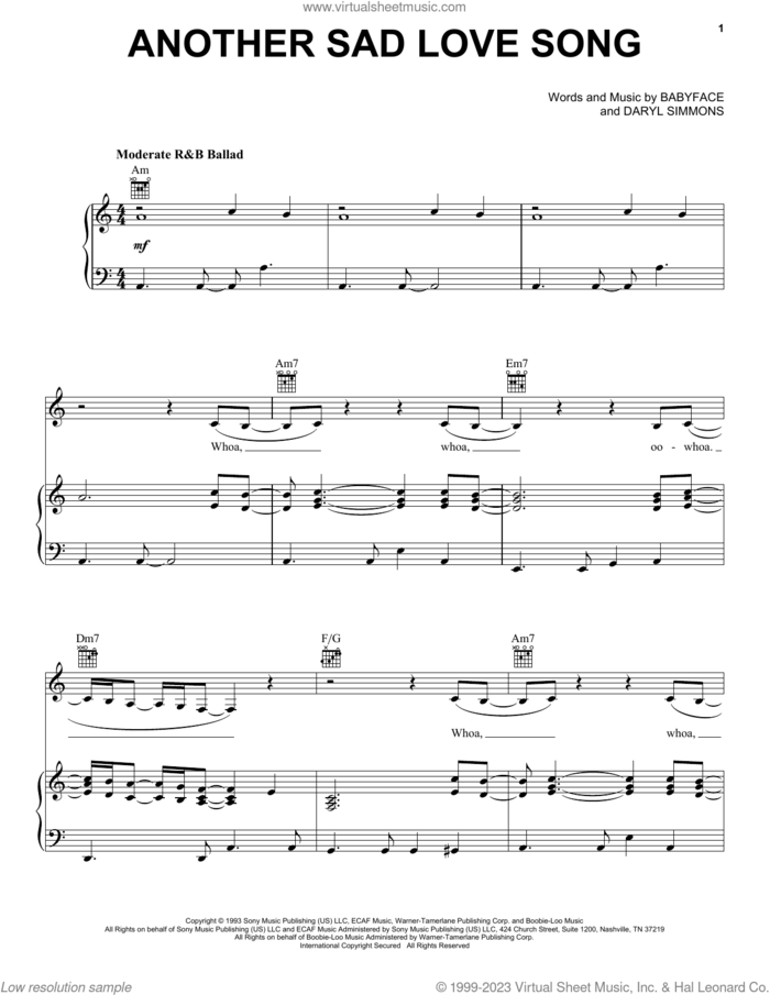 Another Sad Love Song sheet music for voice, piano or guitar by Toni Braxton, Babyface and Daryl Simmons, intermediate skill level