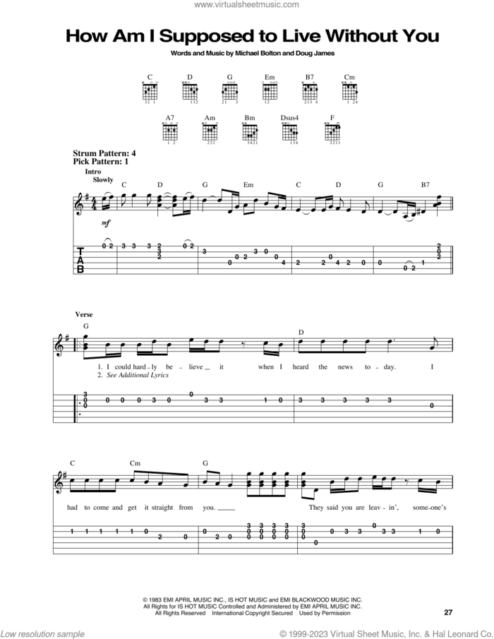 How Am I Supposed To Live Without You sheet music for guitar solo (easy tablature) by Michael Bolton and Doug James, easy guitar (easy tablature)