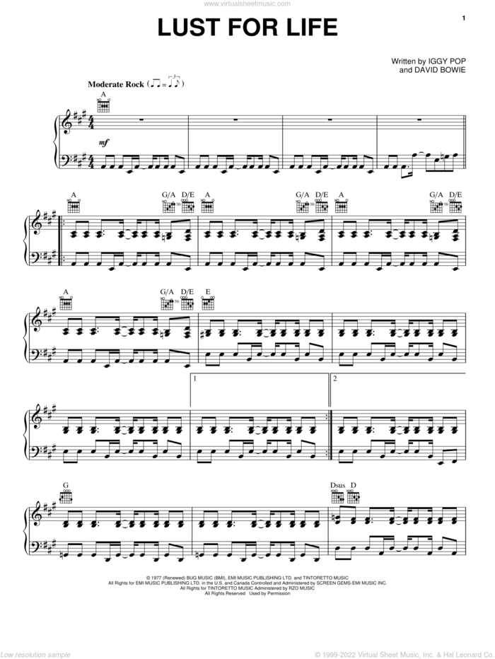 Lust For Life sheet music for voice, piano or guitar by Iggy Pop and David Bowie, intermediate skill level