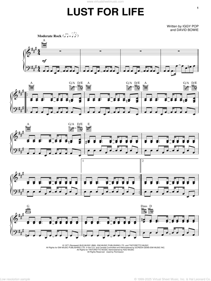 Lust For Life sheet music for voice, piano or guitar by Iggy Pop and David Bowie, intermediate skill level