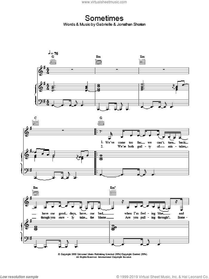 Sometimes sheet music for voice, piano or guitar by Gabrielle, intermediate skill level