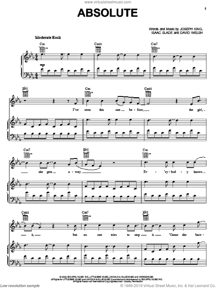 Absolute sheet music for voice, piano or guitar by The Fray, David Welsh, Isaac Slade and Joseph King, intermediate skill level