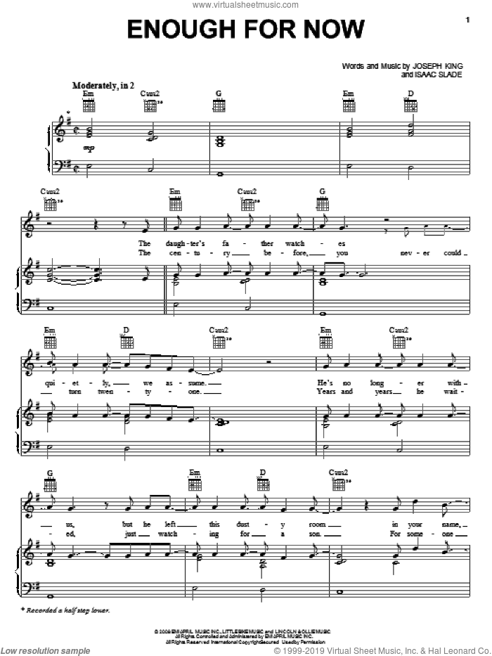 Enough For Now sheet music for voice, piano or guitar by The Fray, Isaac Slade and Joseph King, intermediate skill level