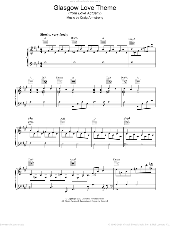 Glasgow Love Theme sheet music for piano solo by Craig Armstrong, wedding score, intermediate skill level