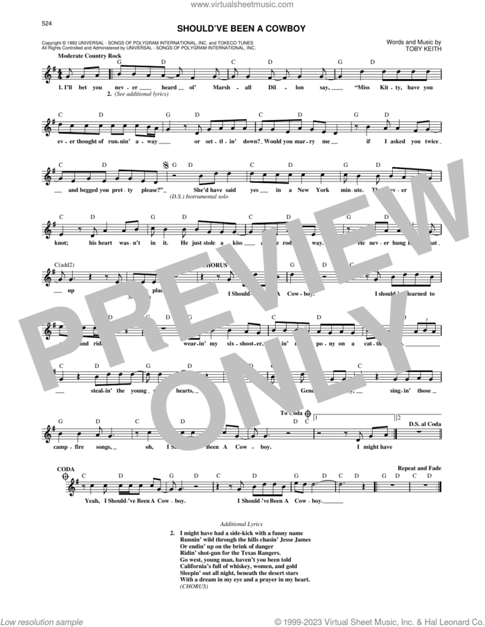 Should've Been A Cowboy sheet music for voice and other instruments (fake book) by Toby Keith, intermediate skill level