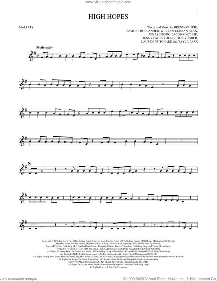 High Hopes sheet music for mallet solo (Percussion) by Panic! At The Disco, Brendon Urie, Ilsey Juber, Jacob Sinclair, Jenny Owen Youngs, Jonas Jeberg, Lauren Pritchard, Sam Hollander, Tayla Parx and William Lobban Bean, intermediate mallet (Percussion)