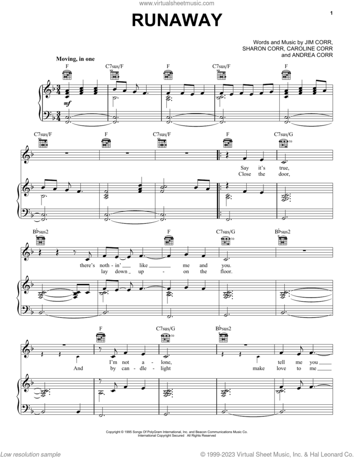 Runaway sheet music for voice, piano or guitar by The Corrs, Andrea Corr, Caroline Corr, Jim Corr and Sharon Corr, intermediate skill level