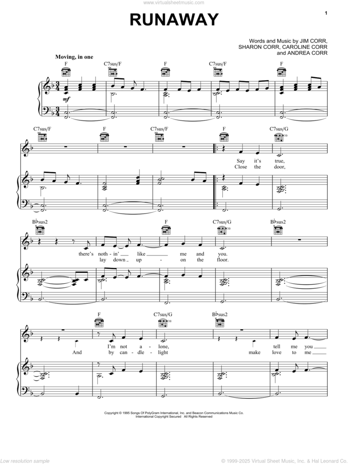 Runaway sheet music for voice, piano or guitar by The Corrs, Andrea Corr, Caroline Corr, Jim Corr and Sharon Corr, intermediate skill level