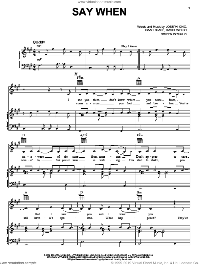 Say When sheet music for voice, piano or guitar by The Fray, Ben Wysocki, David Welsh, Isaac Slade and Joseph King, intermediate skill level