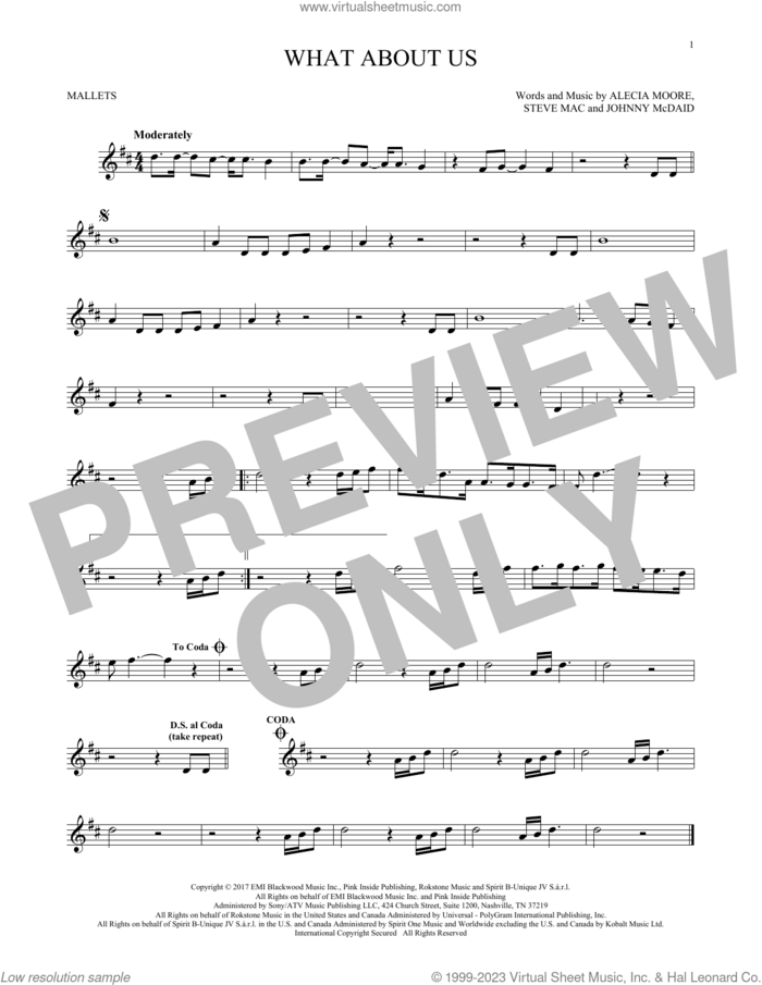 What About Us sheet music for mallet solo (Percussion) by P!nk, Alecia Moore, Johnny McDaid and Steve Mac, intermediate mallet (Percussion)