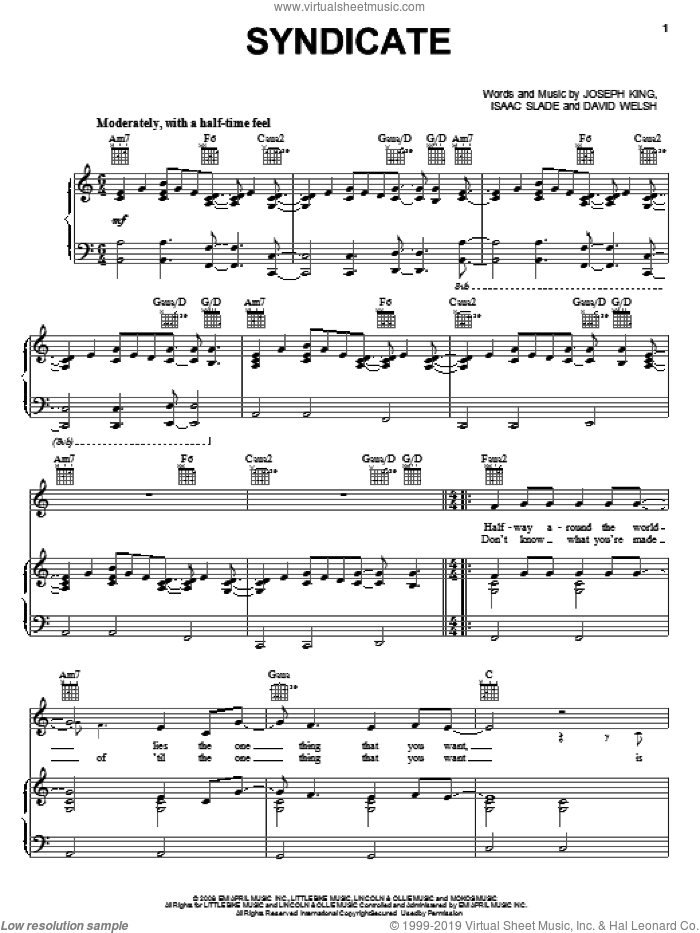 Syndicate sheet music for voice, piano or guitar by The Fray, David Welsh, Isaac Slade and Joseph King, intermediate skill level