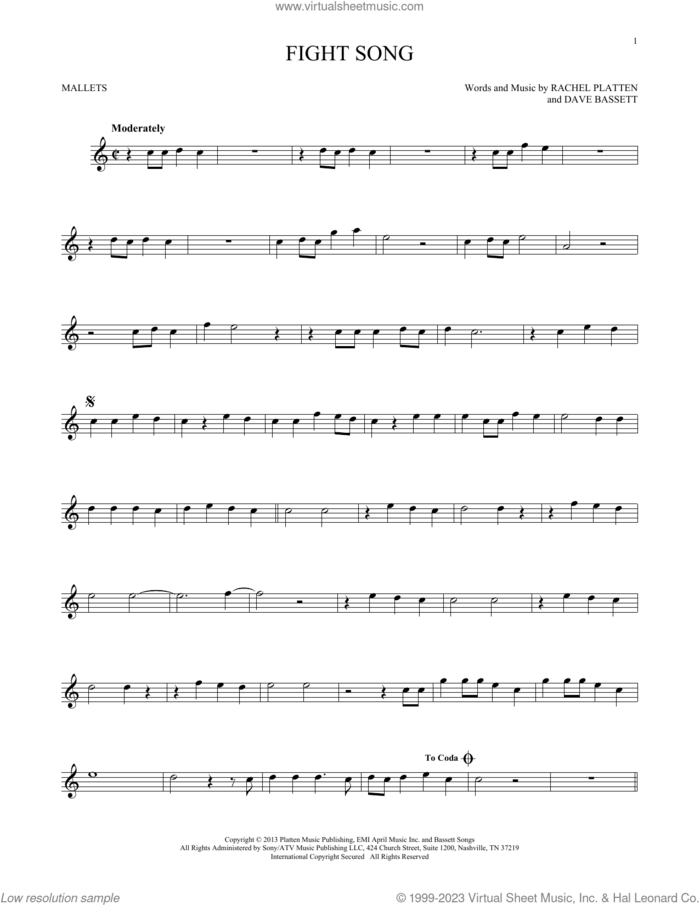 Fight Song sheet music for mallet solo (Percussion) by Rachel Platten and Dave Bassett, intermediate mallet (Percussion)