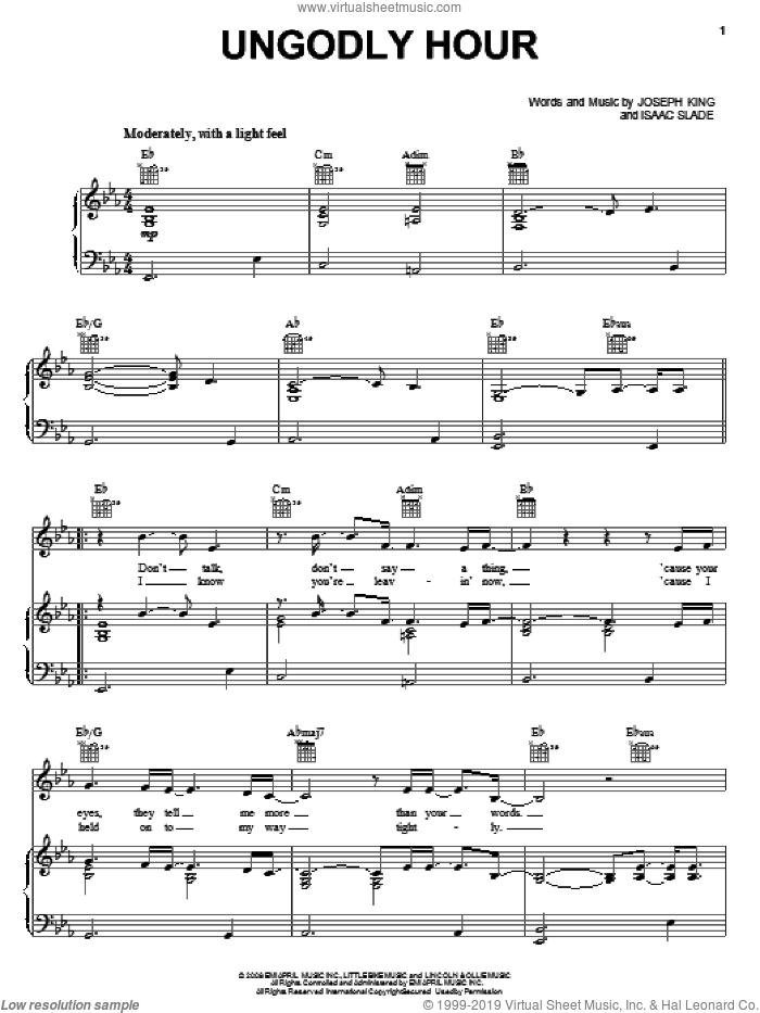 Ungodly Hour sheet music for voice, piano or guitar by The Fray, Isaac Slade and Joseph King, intermediate skill level