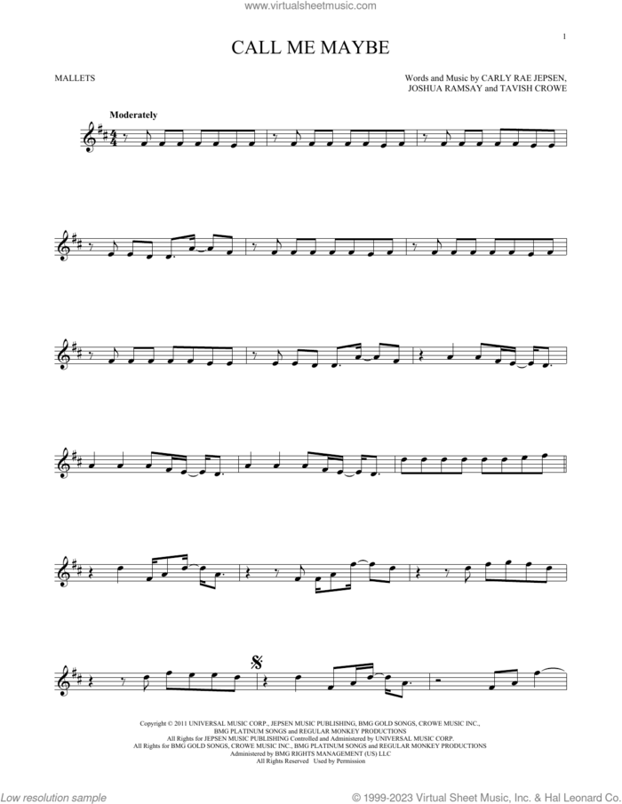 Call Me Maybe sheet music for mallet solo (Percussion) by Carly Rae Jepsen, Joshua Ramsay and Tavish Crowe, intermediate mallet (Percussion)