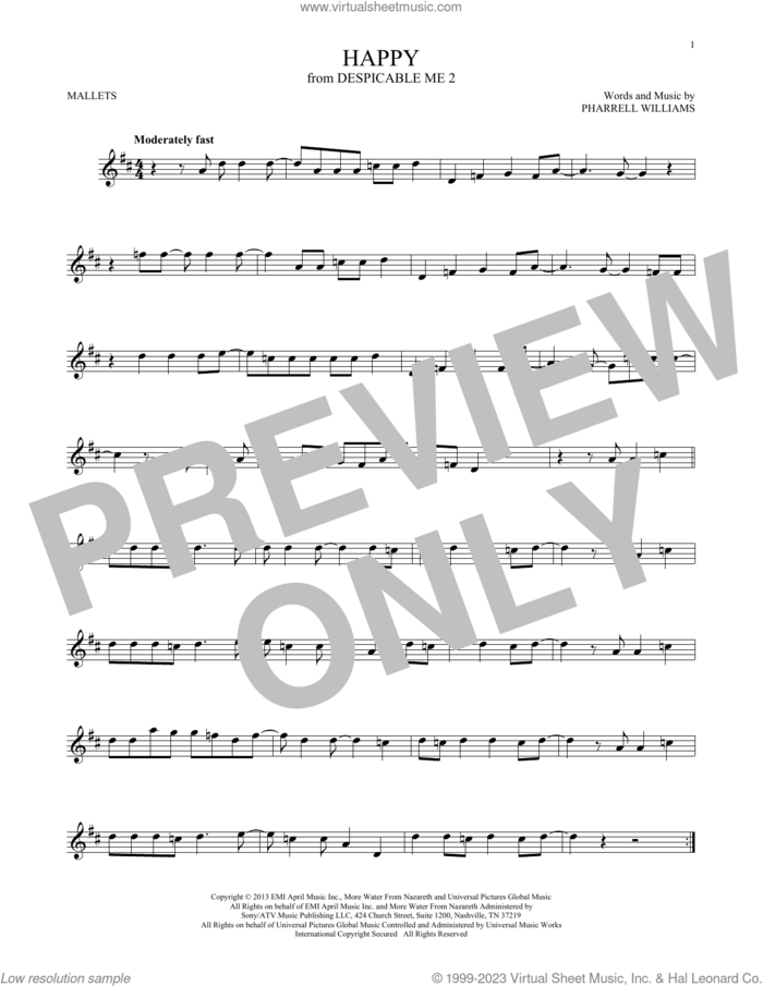 Happy sheet music for mallet solo (Percussion) by Pharrell and Pharrell Williams, intermediate mallet (Percussion)