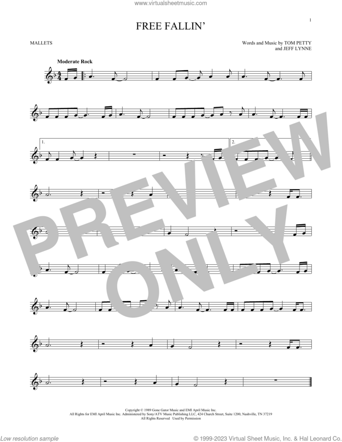 Free Fallin' sheet music for mallet solo (Percussion) by Tom Petty, John Mayer and Jeff Lynne, intermediate mallet (Percussion)