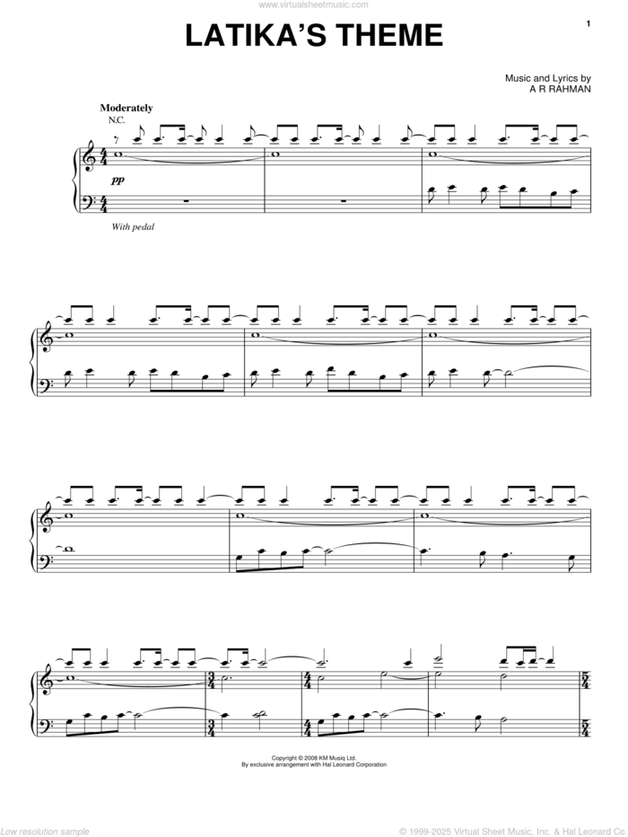 Latika's Theme sheet music for voice, piano or guitar by A.R. Rahman and Slumdog Millionaire (Movie), intermediate skill level